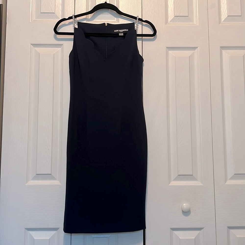 Karl Lagerfeld size 0 navy blue scallop neckline pearl straps knee length